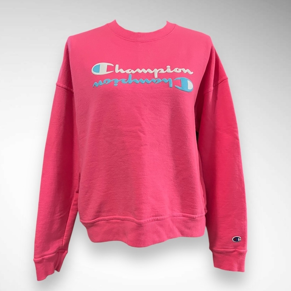 CHAMPION Women's Pink with Blue and White Logo Crewneck Sweatshirt Medium | EUC